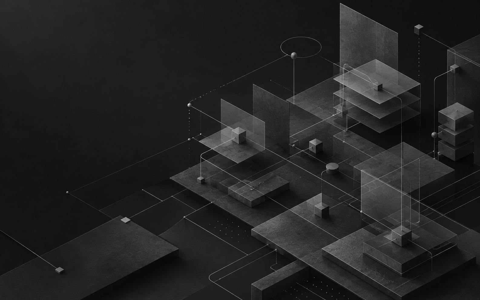 Abstract architectural systems map with connected layers and pathways